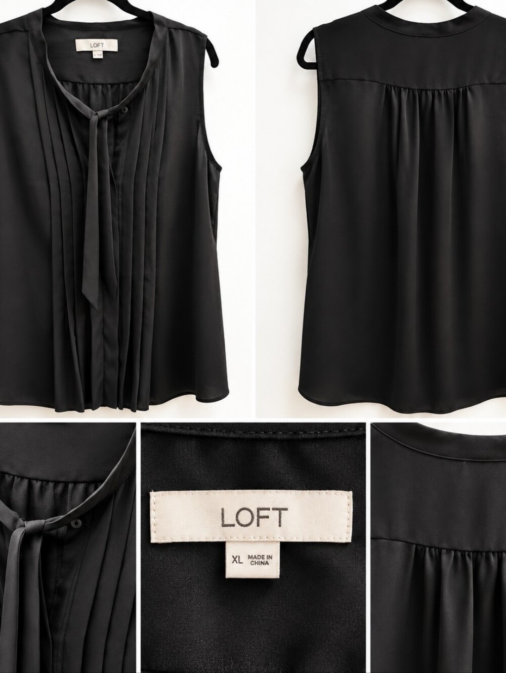 LOFT Black Sleeveless Pleated Tie-Neck Blouse